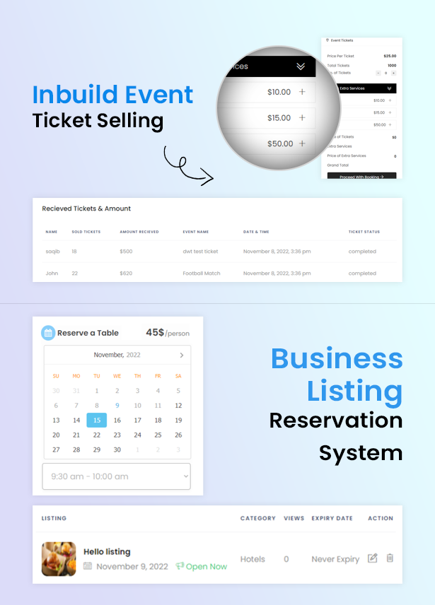 DWT Listing reservation and tickets selling
